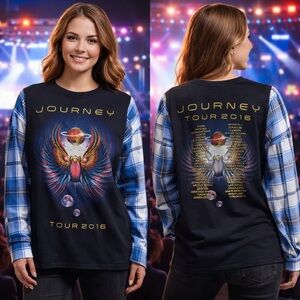 Custom Upcycled Journey Tour Tee Flannel Pullover Top OSFM Blue White OOAK